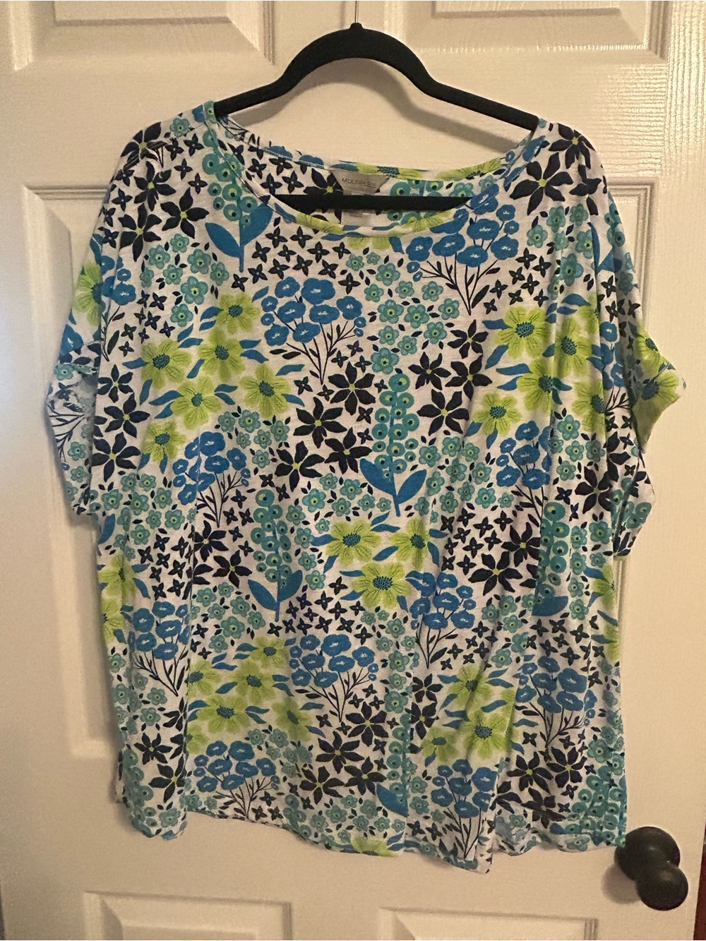 Multiples Blue & Green Floral Short-Sleeve Scoop Neck Top